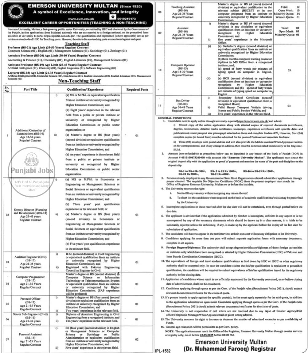 Emerson University Multan Jobs 2025