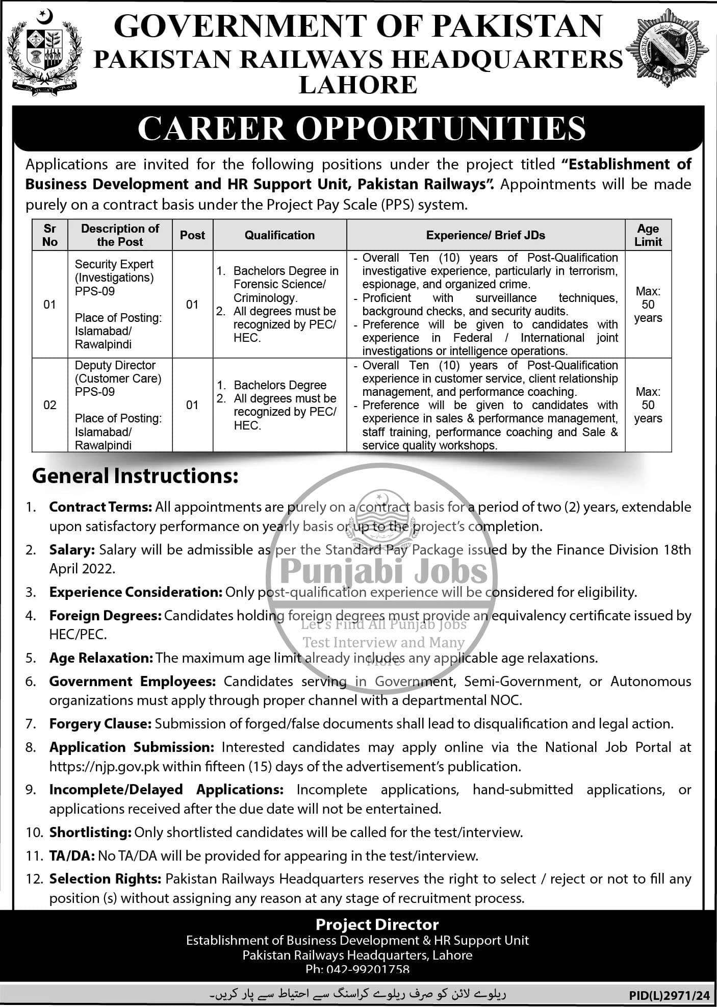 Pakistan Railways Headquarters Lahore Jobs 2025