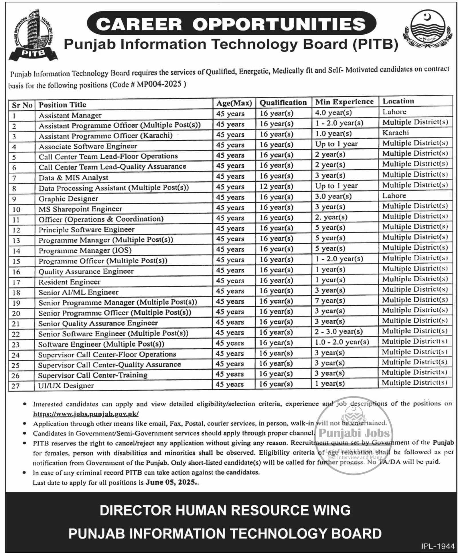 Punjab Information Technology Board Jobs 2025