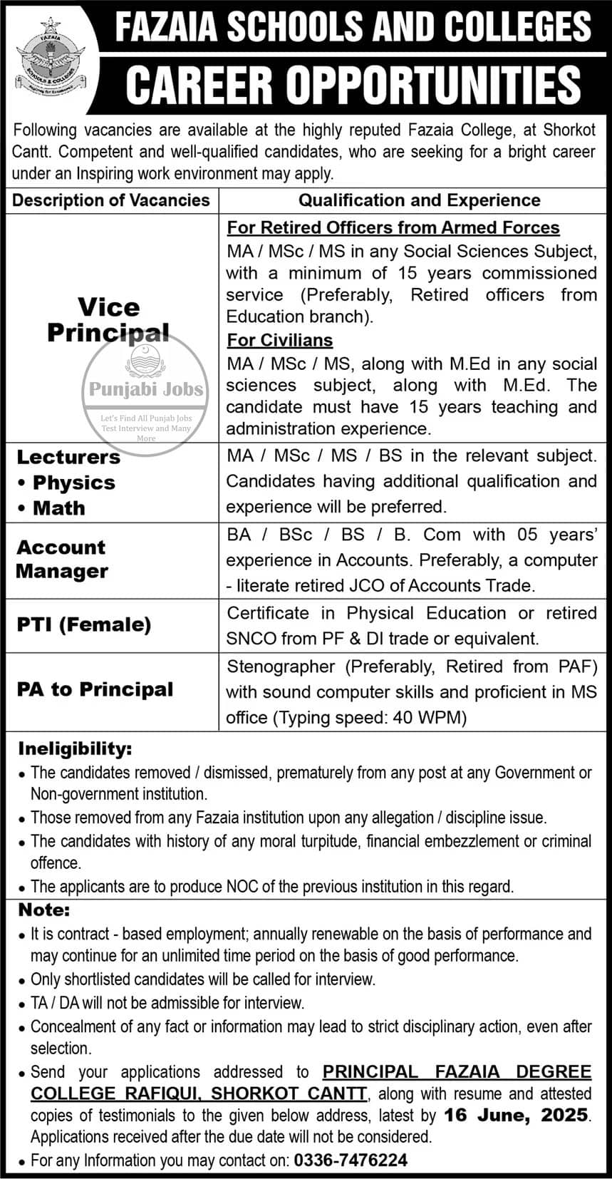 Fazaia School And Colleges Shorkot Jobs 2025 Advertisement